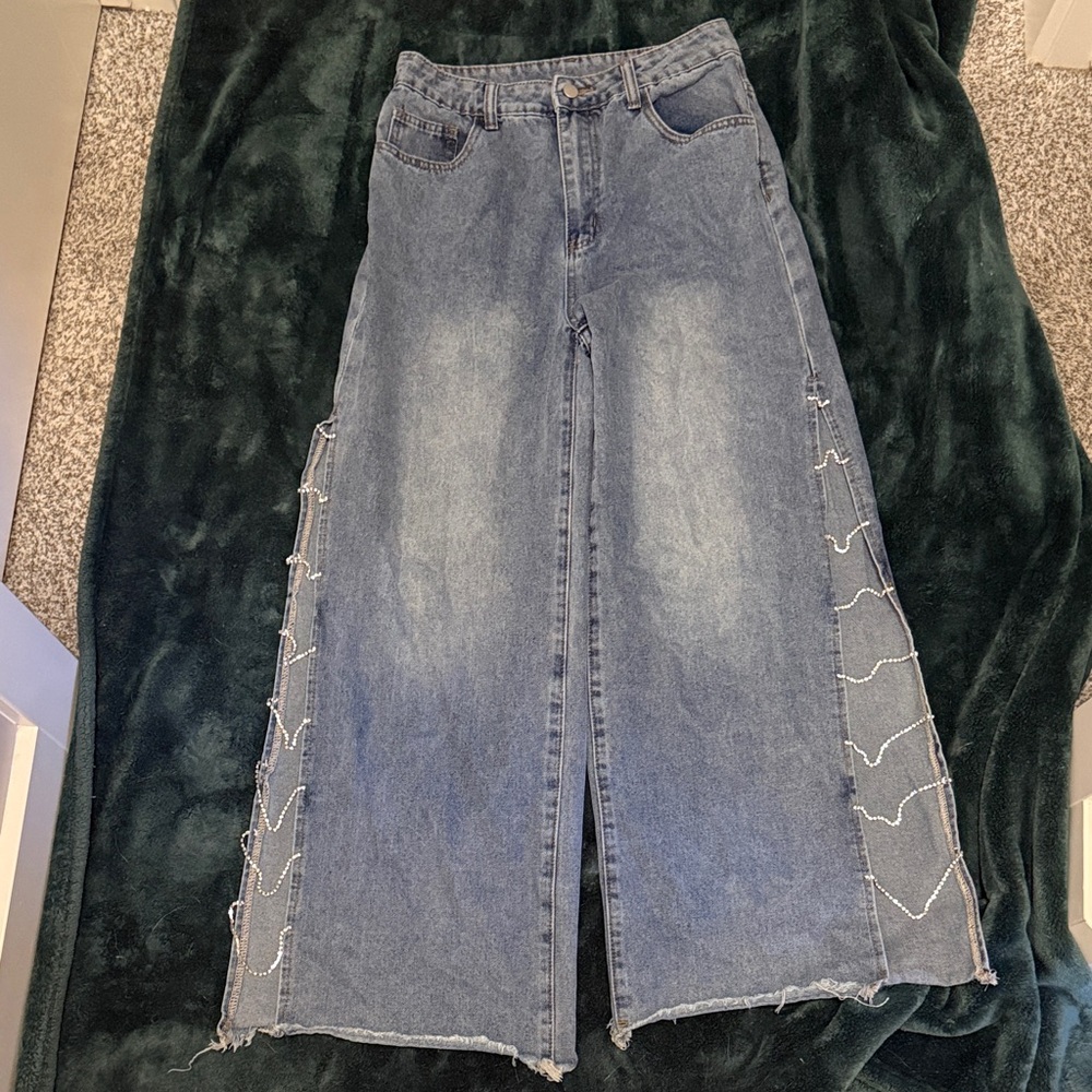 SHEIN Blue Wide Leg Jeans with Side Details